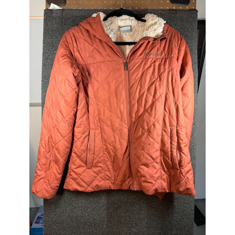 Columbia Copper Crest Hooded Jacket Womens Medium Orange Sherpa Lined Quilted